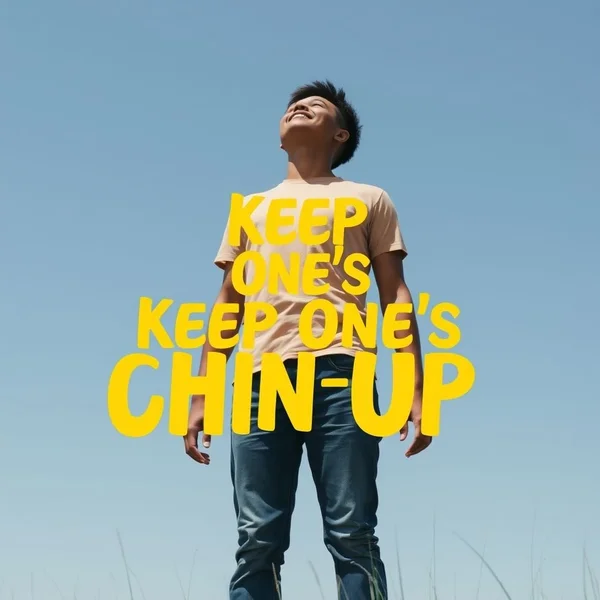 Image of a person looking hopeful with the text "Keep One's Chin Up" overlaid