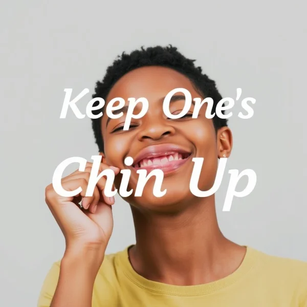 희망적으로 보이는 사람의 이미지, "Keep One's Chin Up"라는 텍스트 오버레이