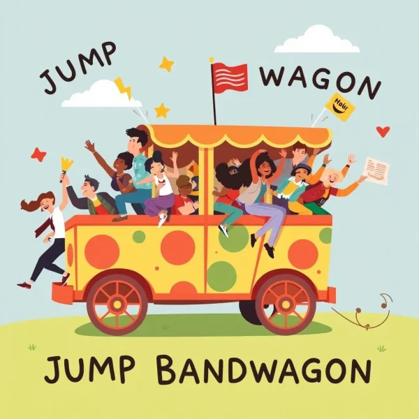 Люди, прыгающие на повозку, чтобы проиллюстрировать идиому Jump On The Bandwagon