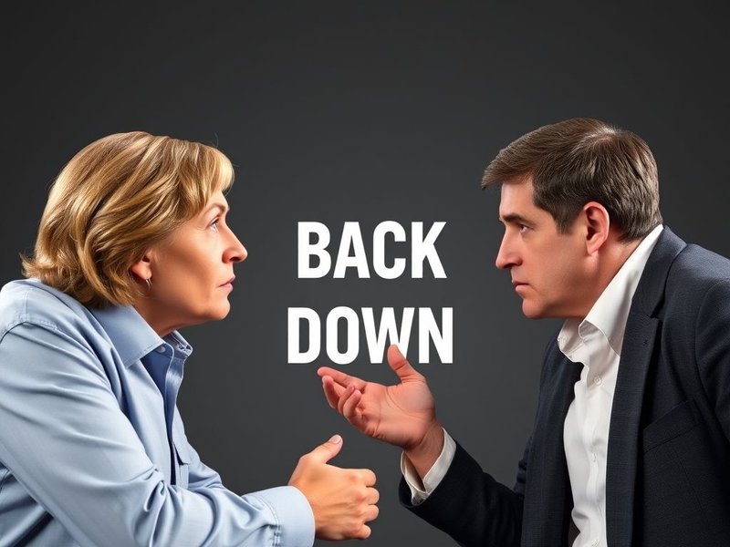 Image showing two people debating, one looking like they might back down, illustrating the phrasal verb 'Back Down'