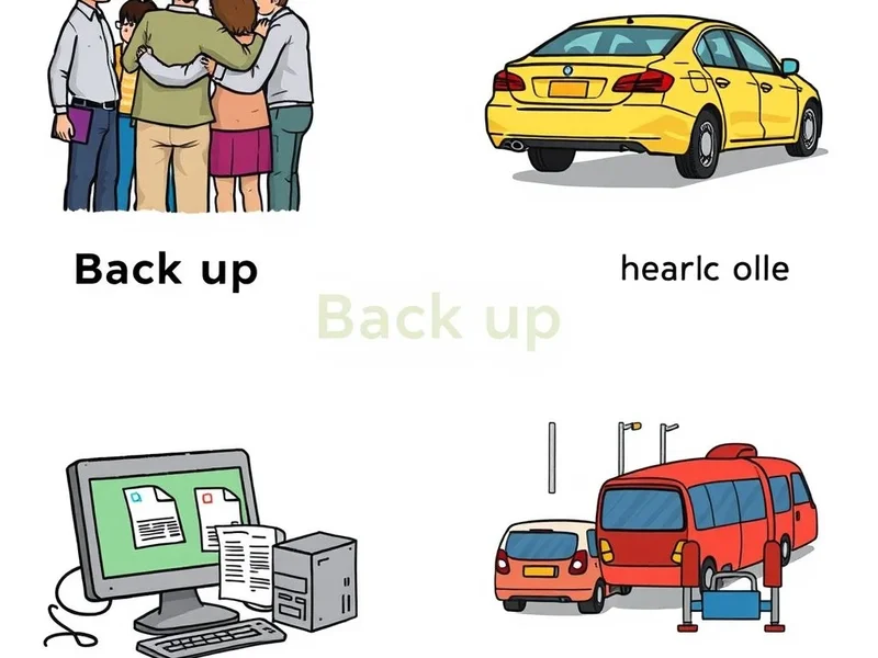 Image illustrating the different meanings of the phrasal verb Back up
