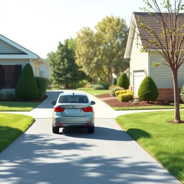 Image showing a car backing out of a driveway, illustrating the phrasal verb Back Out