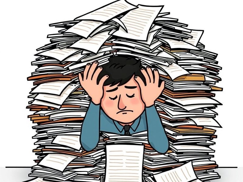 Ilustração de uma pessoa sendo bogged down por papelada, representando o phrasal verb "bog down"