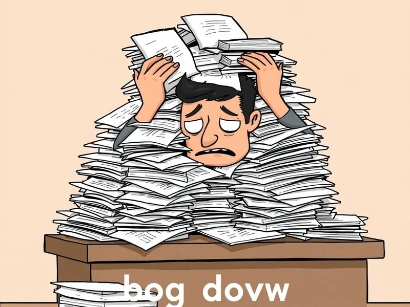Illustration of a person getting bogged down by paperwork, representing the phrasal verb "bog down"