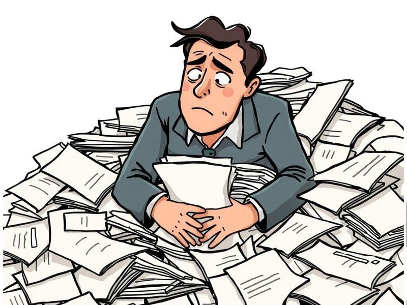 Illustration of a person getting bogged down by paperwork, representing the phrasal verb "bog down"