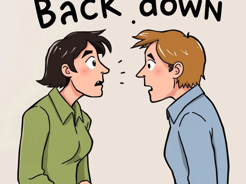 Image showing two people debating, one looking like they might back down, illustrating the phrasal verb 'Back Down'