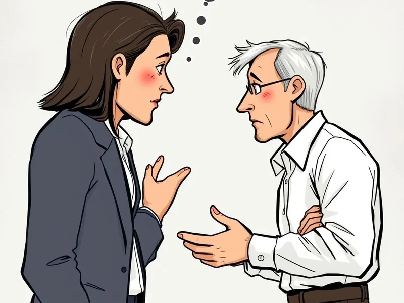Image showing two people debating, one looking like they might back down, illustrating the phrasal verb 'Back Down'