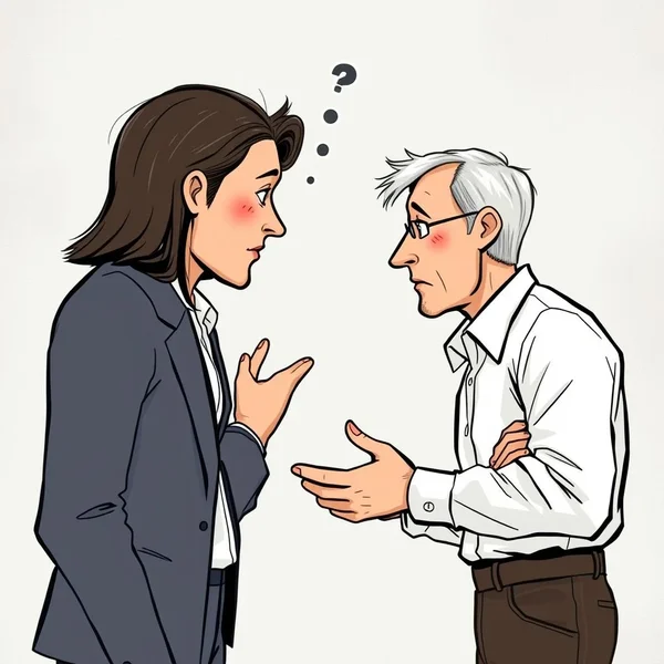 Image showing two people debating, one looking like they might back down, illustrating the phrasal verb 'Back Down'
