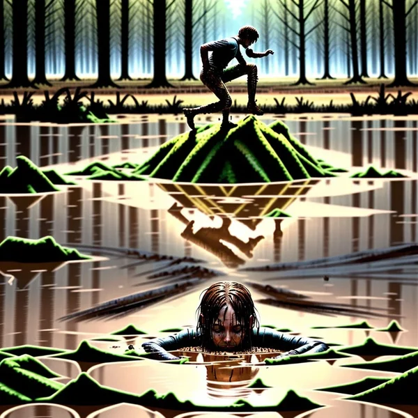Illustration of a person getting bogged down by paperwork, representing the phrasal verb "bog down"