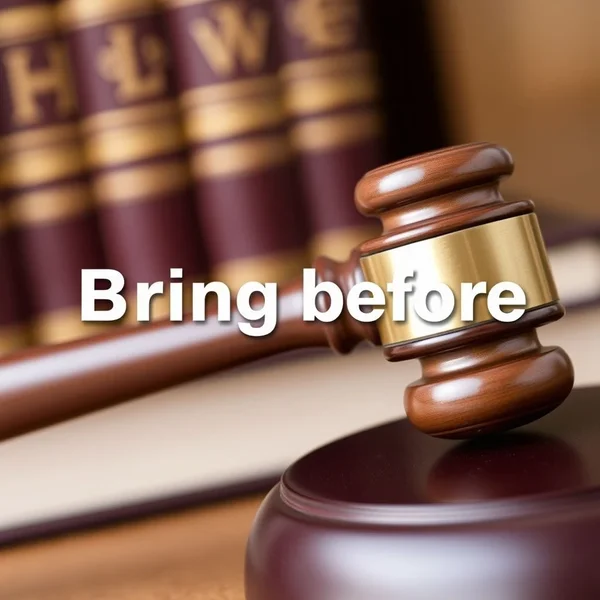 Un mazo y un libro de leyes, ilustrando el contexto formal del verbo frasal Bring before