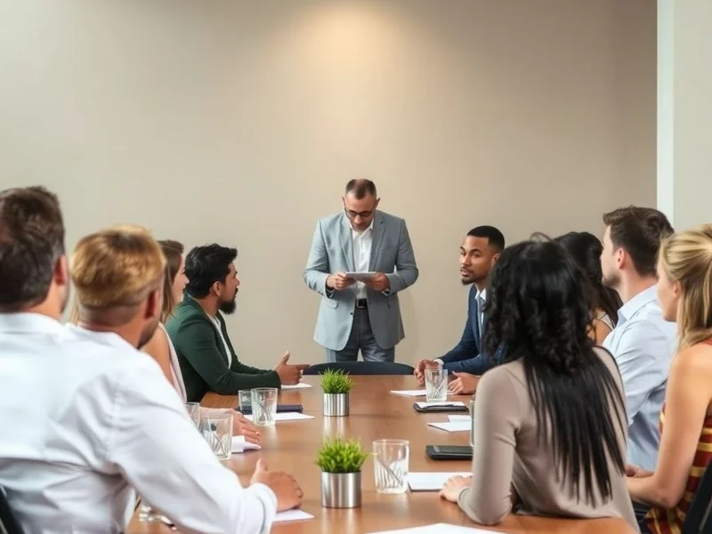 A diverse group of professionals around a conference table, with one person clearly leading the discussion, illustrating how to chair a meeting.