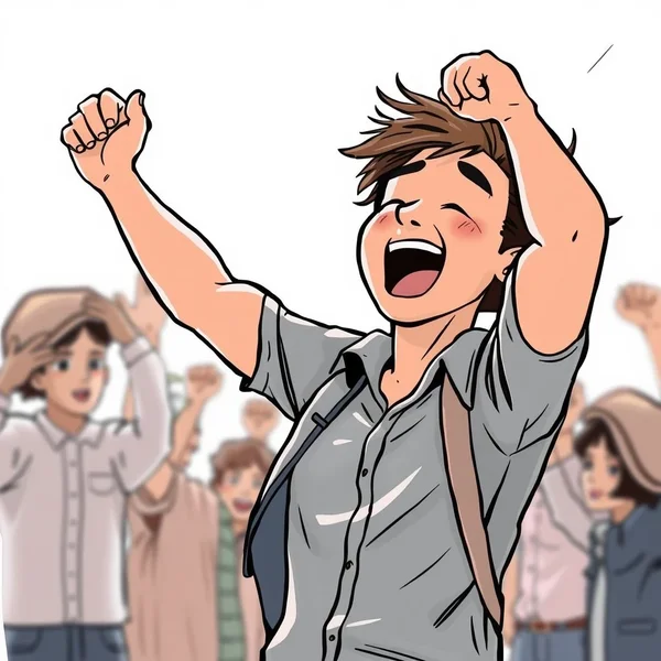 A person celebrating a successful achievement, illustrating the meaning of "bring off"