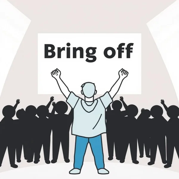 A person celebrating a successful achievement, illustrating the meaning of "bring off"
