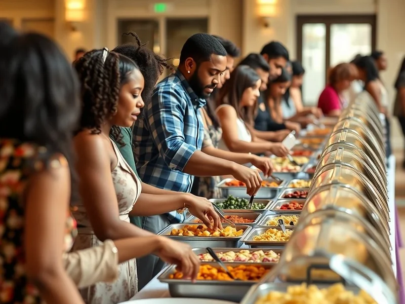 A diverse group of people at a catered event, illustrating the concept of 'Cater for'