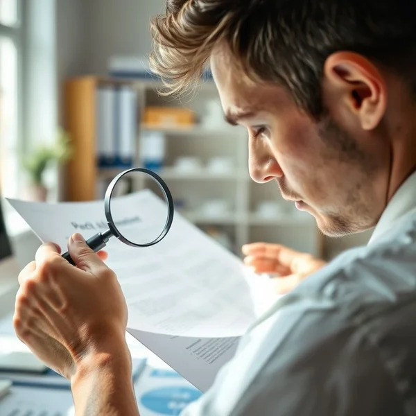 A magnifying glass checking over a document, illustrating the phrasal verb "check over".
