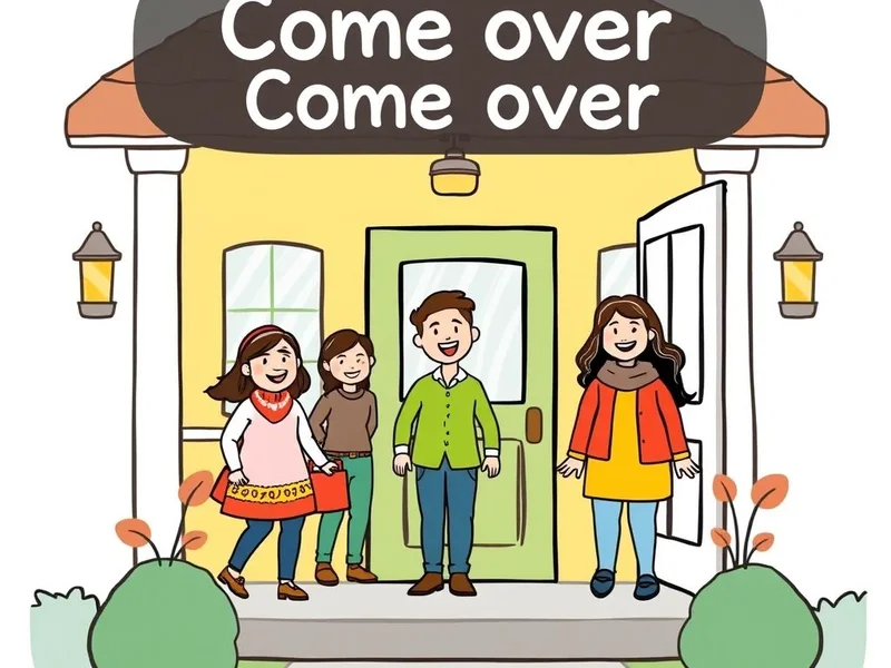 Ilustración que muestra a personas visitando, ilustrando el verbo frasal Come over