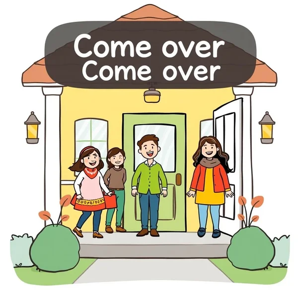 Ilustración que muestra a personas visitando, ilustrando el verbo frasal Come over