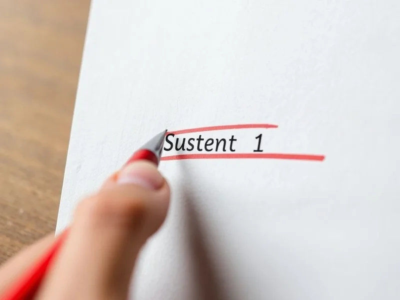 A hand using a red pen to cross out text on a piece of paper, illustrating the phrasal verb 'cross out'