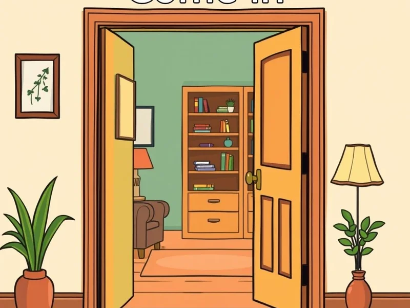 A welcoming open door, illustrating the phrasal verb "Come in"