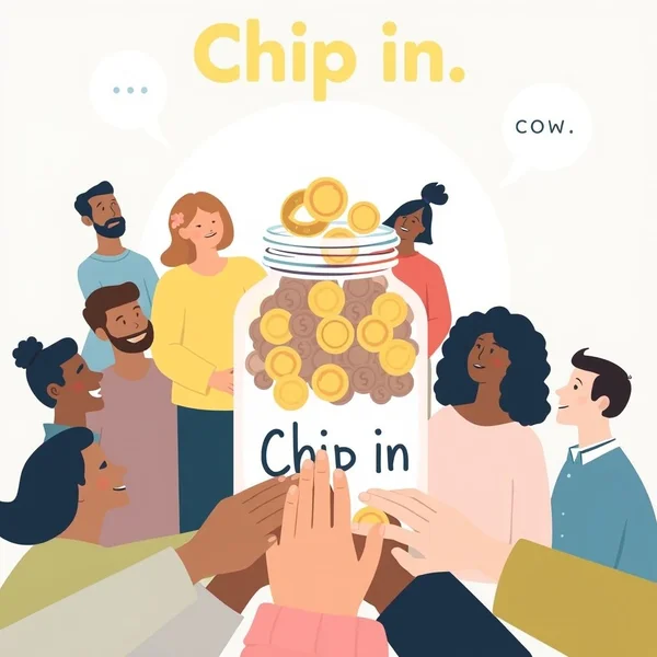 People pooling money or working together, illustrating the phrasal verb Chip in