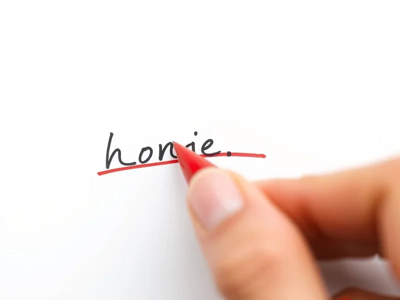 A hand using a red pen to cross out text on a piece of paper, illustrating the phrasal verb 'cross out'