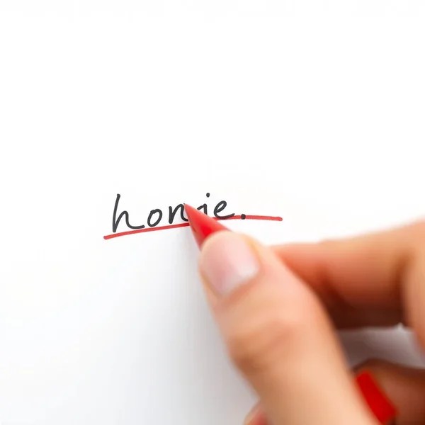 A hand using a red pen to cross out text on a piece of paper, illustrating the phrasal verb 'cross out'