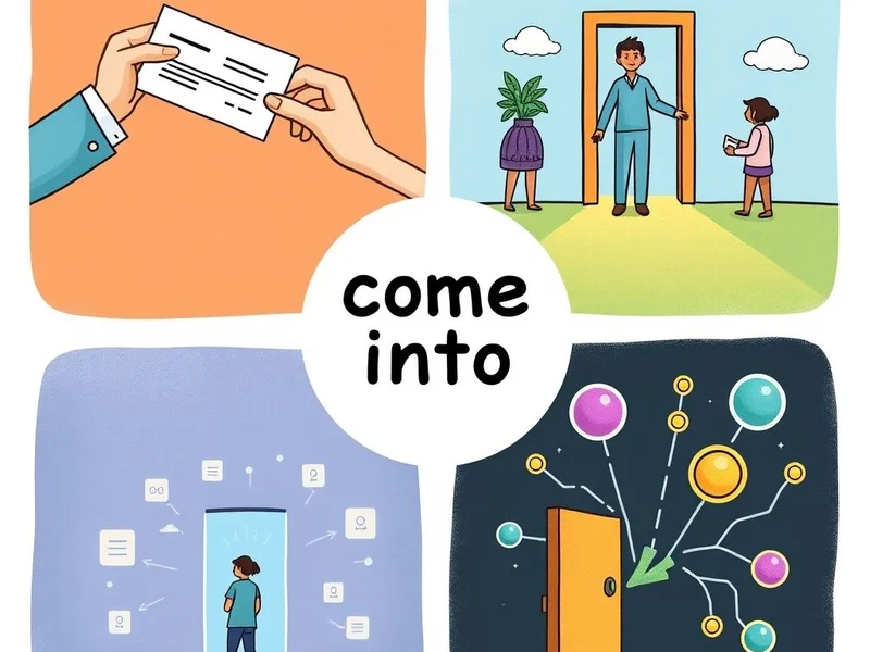 Image illustrating various meanings of the phrasal verb come into