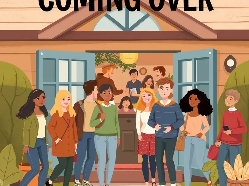Illustration showing people visiting, illustrating the phrasal verb Come over