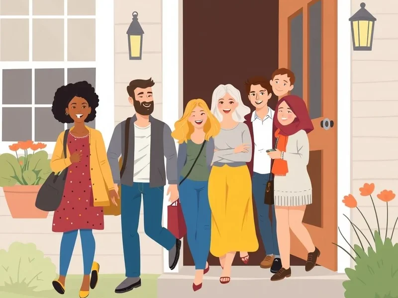 Illustration showing people visiting, illustrating the phrasal verb Come over