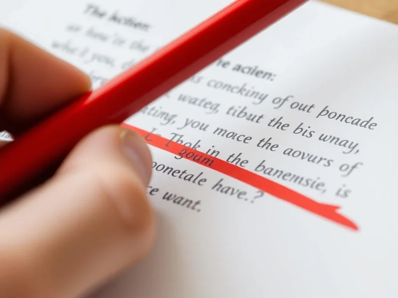 A hand using a red pen to cross out text on a piece of paper, illustrating the phrasal verb 'cross out'