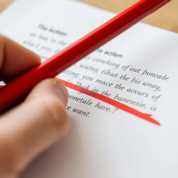 A hand using a red pen to cross out text on a piece of paper, illustrating the phrasal verb 'cross out'