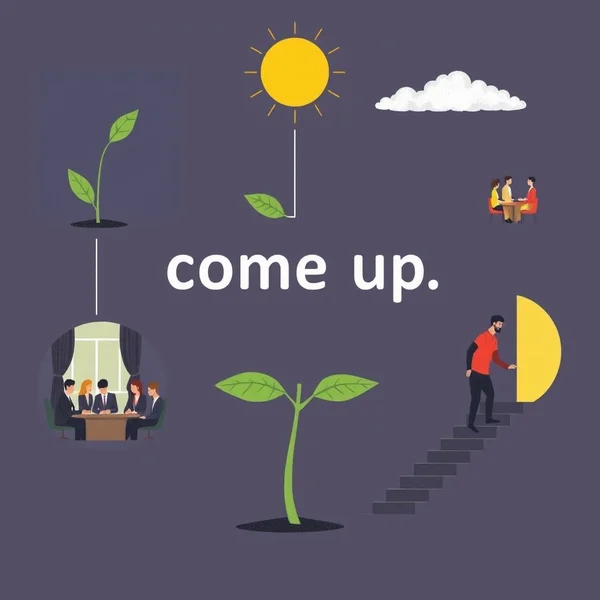 Illustration of the phrasal verb 'come up' in various contexts