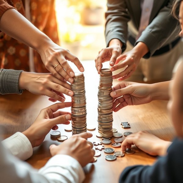 People pooling money or working together, illustrating the phrasal verb Chip in