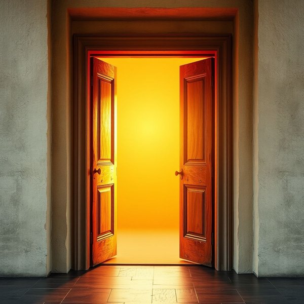 A welcoming open door, illustrating the phrasal verb "Come in"