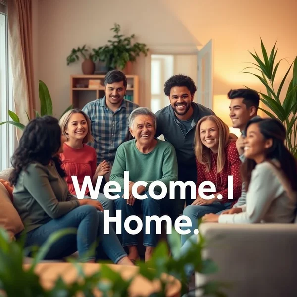 Illustration showing people visiting, illustrating the phrasal verb Come over