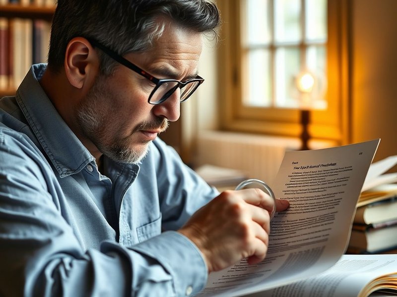 A person carefully examining a document, illustrating the phrasal verb "check through"