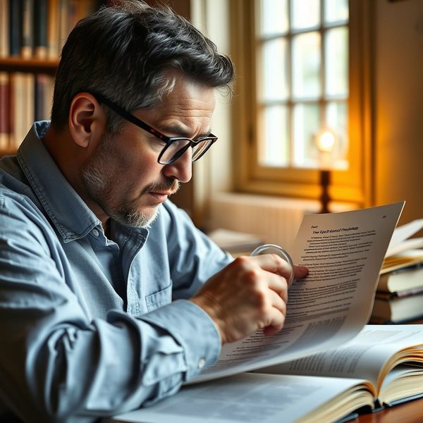 A person carefully examining a document, illustrating the phrasal verb "check through"