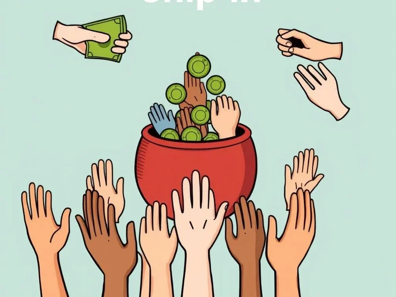 Gente juntando dinero o trabajando juntos, ilustrando el verbo frasal Chip in