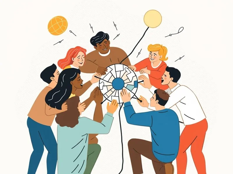 Image showing people collaborating to deal with a task, illustrating the phrasal verb 'deal with'