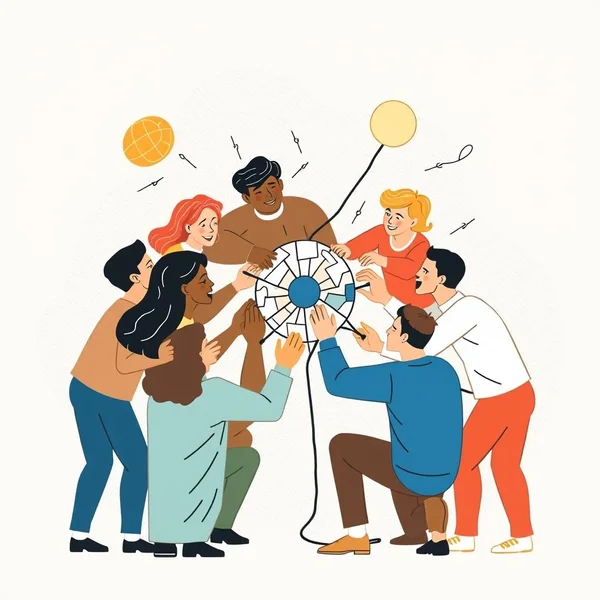 Image showing people collaborating to deal with a task, illustrating the phrasal verb 'deal with'