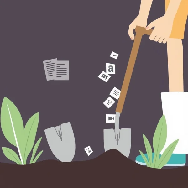 Illustration showing someone trying to dig up information or objects with a shovel, representing the phrasal verb 'dig up'