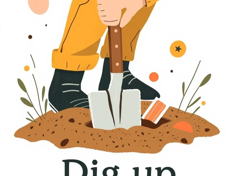 Illustration showing someone trying to dig up information or objects with a shovel, representing the phrasal verb 'dig up'