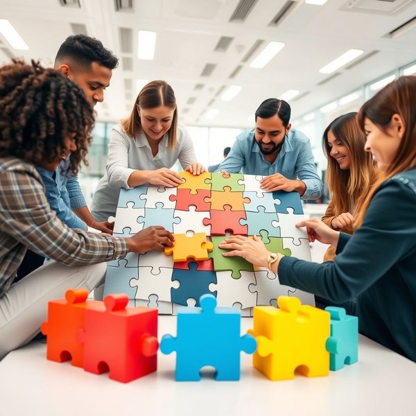 Image showing people collaborating to deal with a task, illustrating the phrasal verb 'deal with'