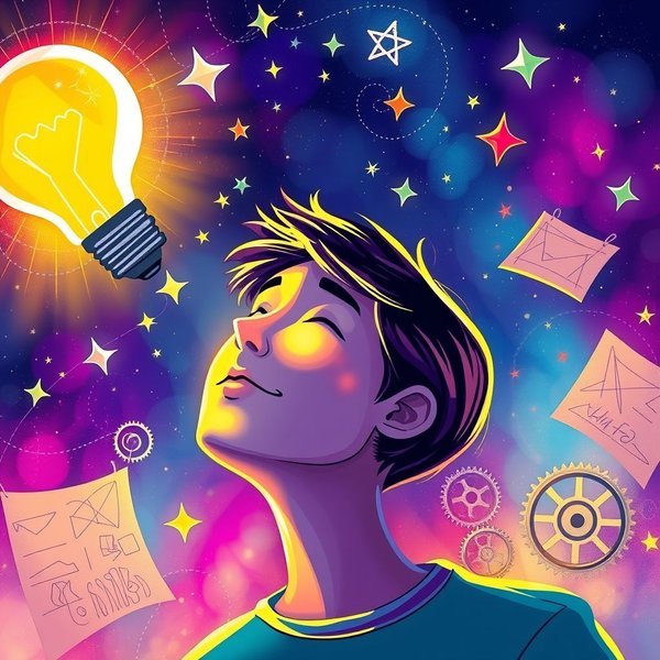 Image illustrating someone having an idea, representing the phrasal verb dream up