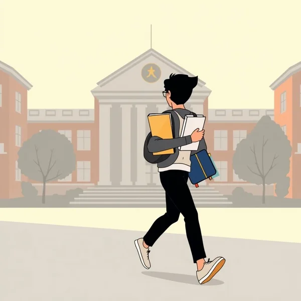Image illustrating someone leaving a school, with the caption: Understanding the meaning of Drop out of to improve English fluency