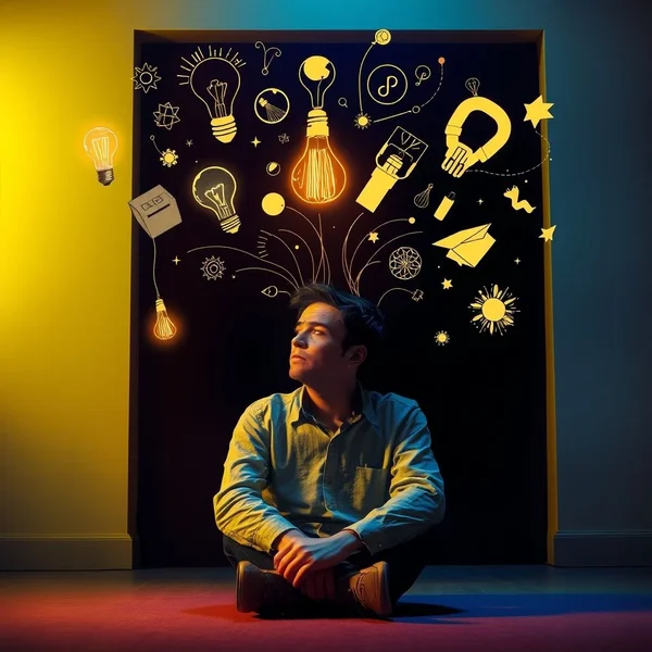 Hình ảnh minh họa ai đó đang nảy ra ý tưởng, thể hiện cụm động từ dream up