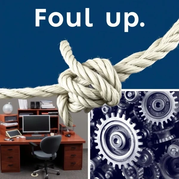 Image showing a tangled rope or a messy desk, representing the phrasal verb 'Foul up'