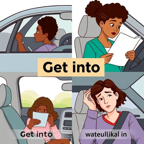 Image illustrating the various meanings of the phrasal verb 'get into'