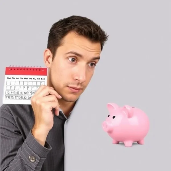 A person looking at a calendar and a piggy bank, illustrating planning and expecting with the phrasal verb Figure on