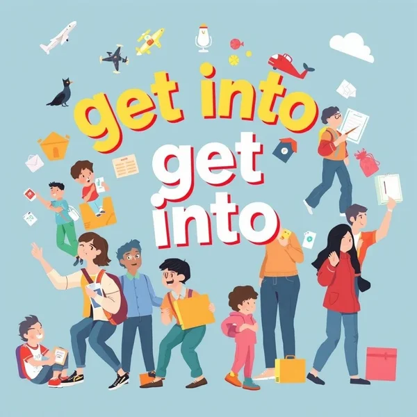 Image illustrating the various meanings of the phrasal verb 'get into'